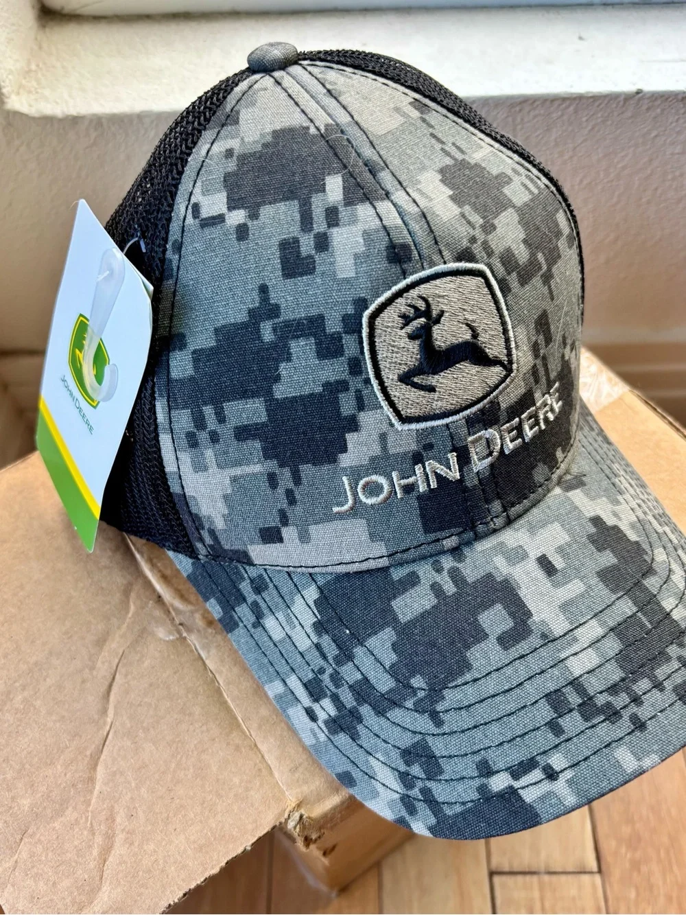 John Deere Black and Gray Digital Camo Trucker Hat with Deer Graphic